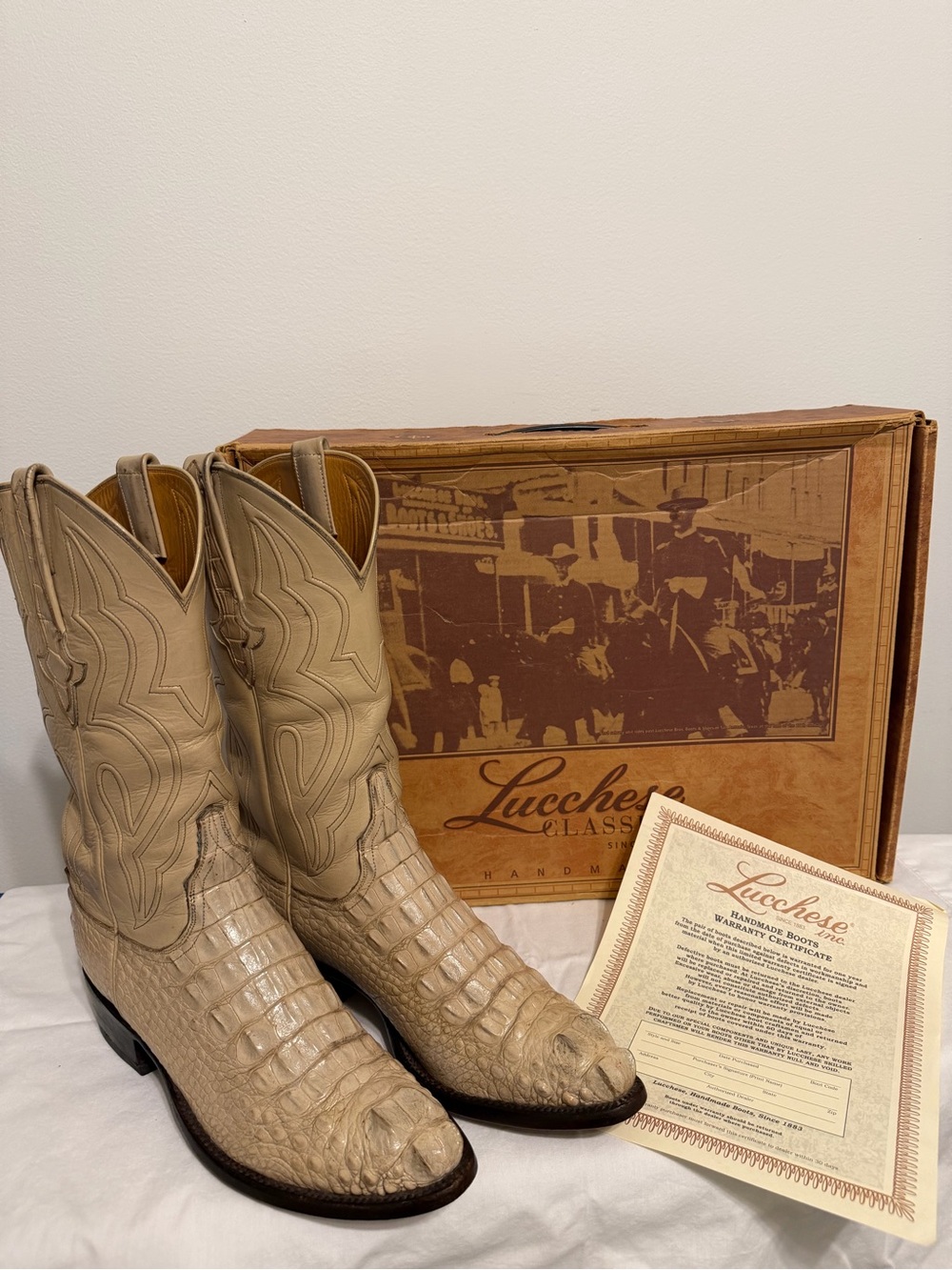 Lucchese Tan Crocodile-Textured Western Boots